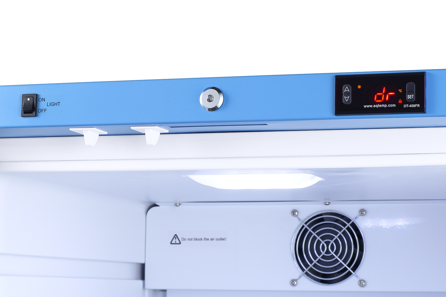 Built-In healthcare all-refrigerator with self-closing door, front lock, digital controls, and external temperature readout
